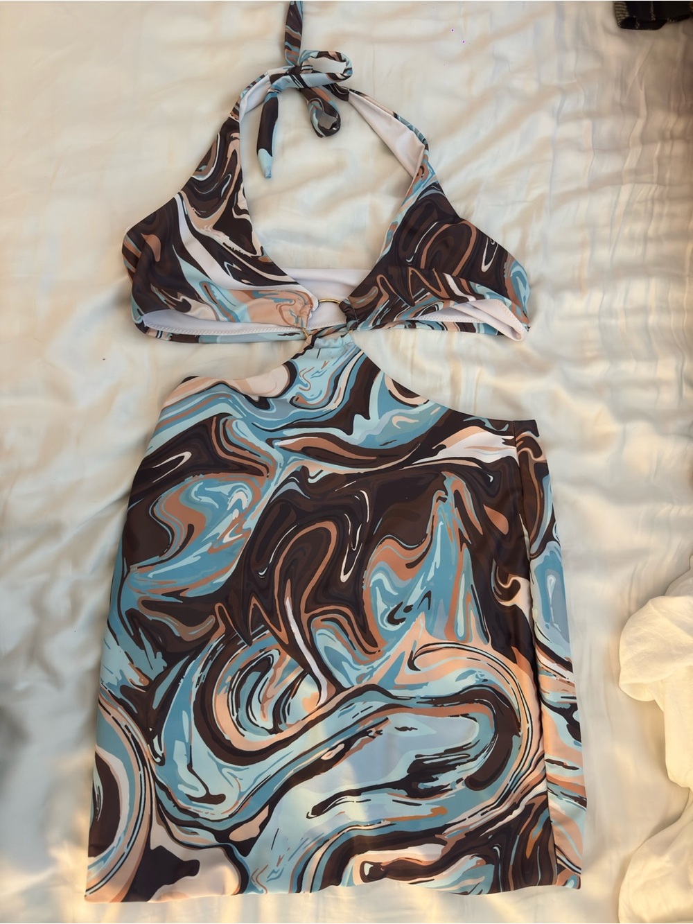 White Fox Boutique Halter Cut-Out Mini Dress - Blue, Brown & Cream Swirl